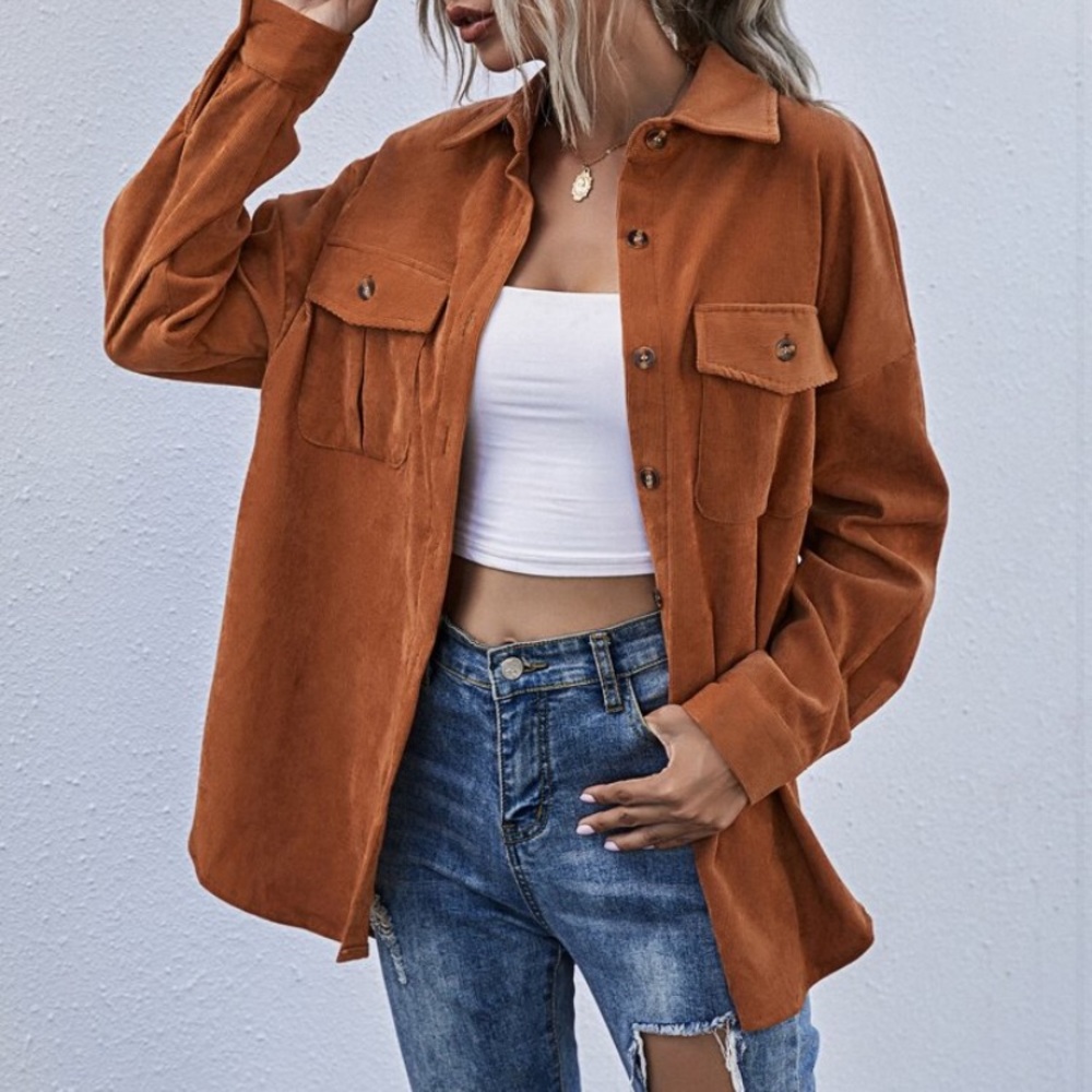 Flap Pocket Button Front Corduroy Coat
